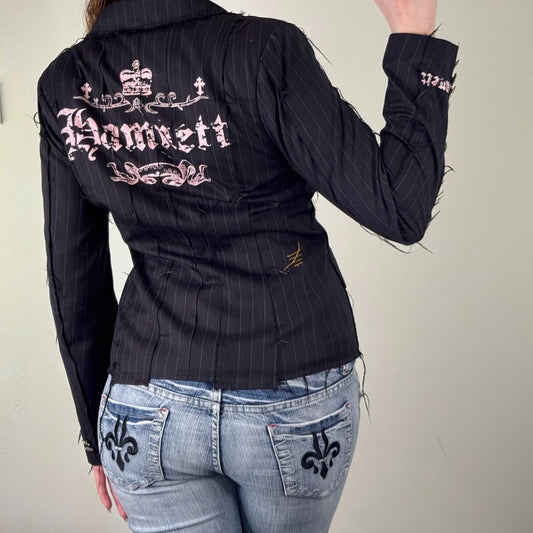 Y2K vintage Katharine Hamnett pinstripe blazer jacket cross crown pink graphic
