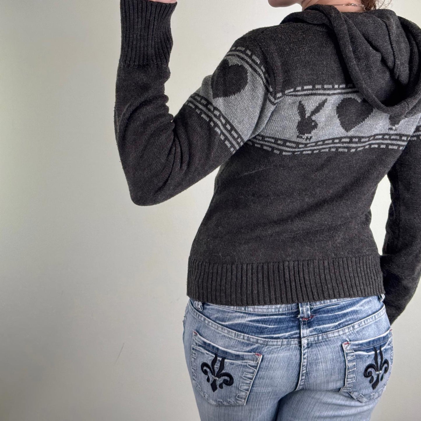Y2K vintage rare Playboy hoodie wool blend zip up knitted knit pattern