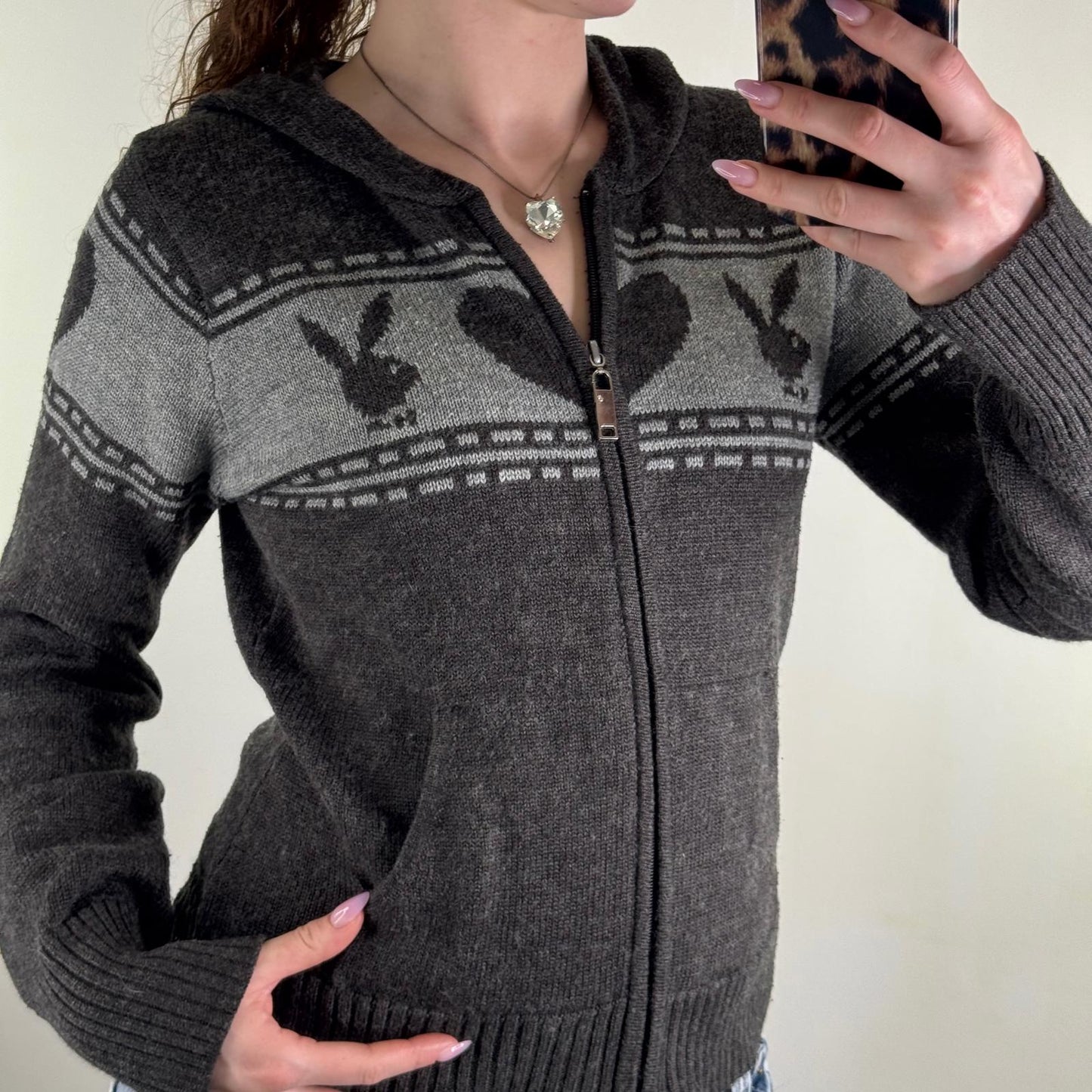 Y2K vintage rare Playboy hoodie wool blend zip up knitted knit pattern