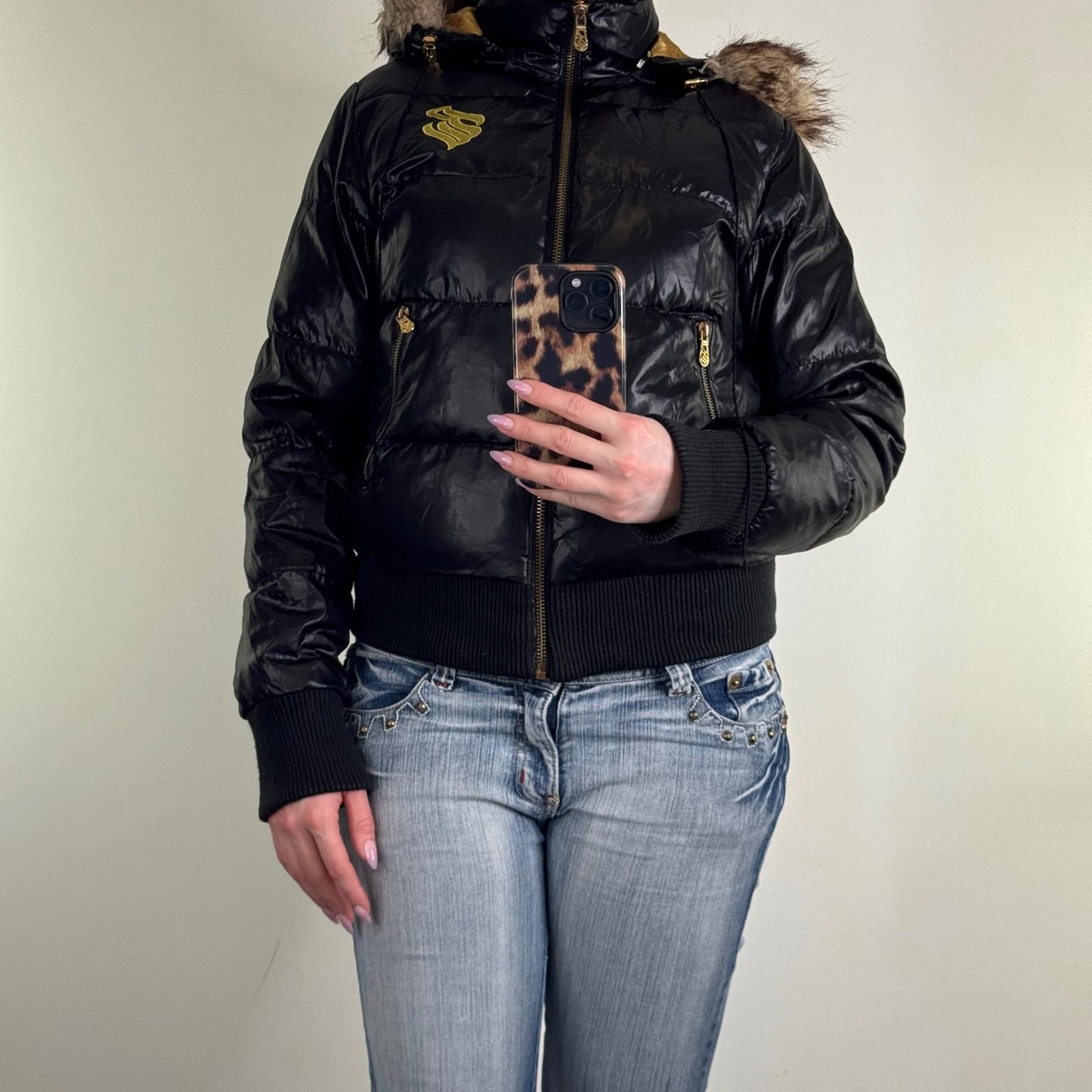 Y2K vintage Rocawear puffer bomber jacket with faux fur hood shiny zip up short