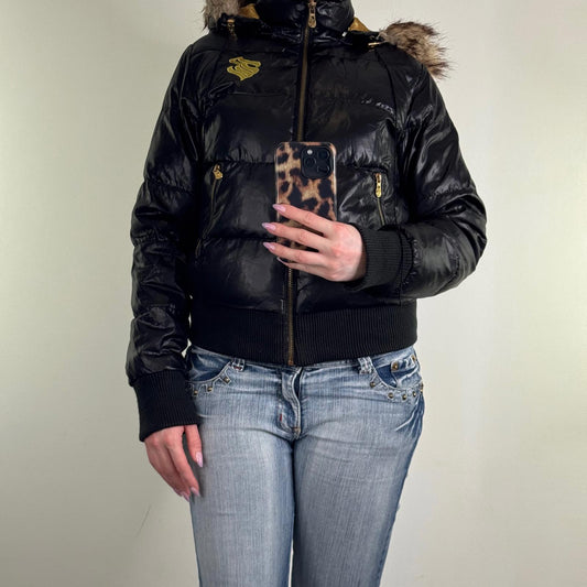Y2K vintage Rocawear puffer bomber jacket with faux fur hood shiny zip up short
