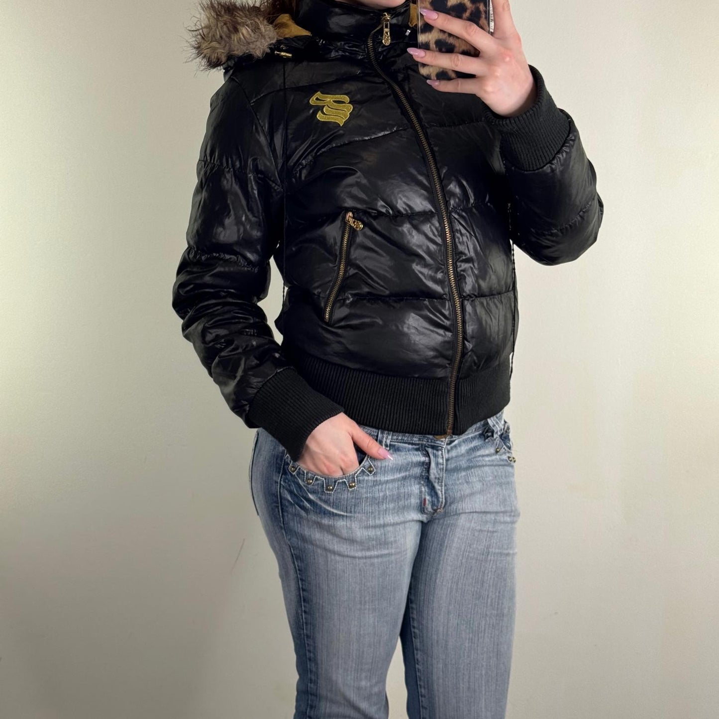 Y2K vintage Rocawear puffer bomber jacket with faux fur hood shiny zip up short
