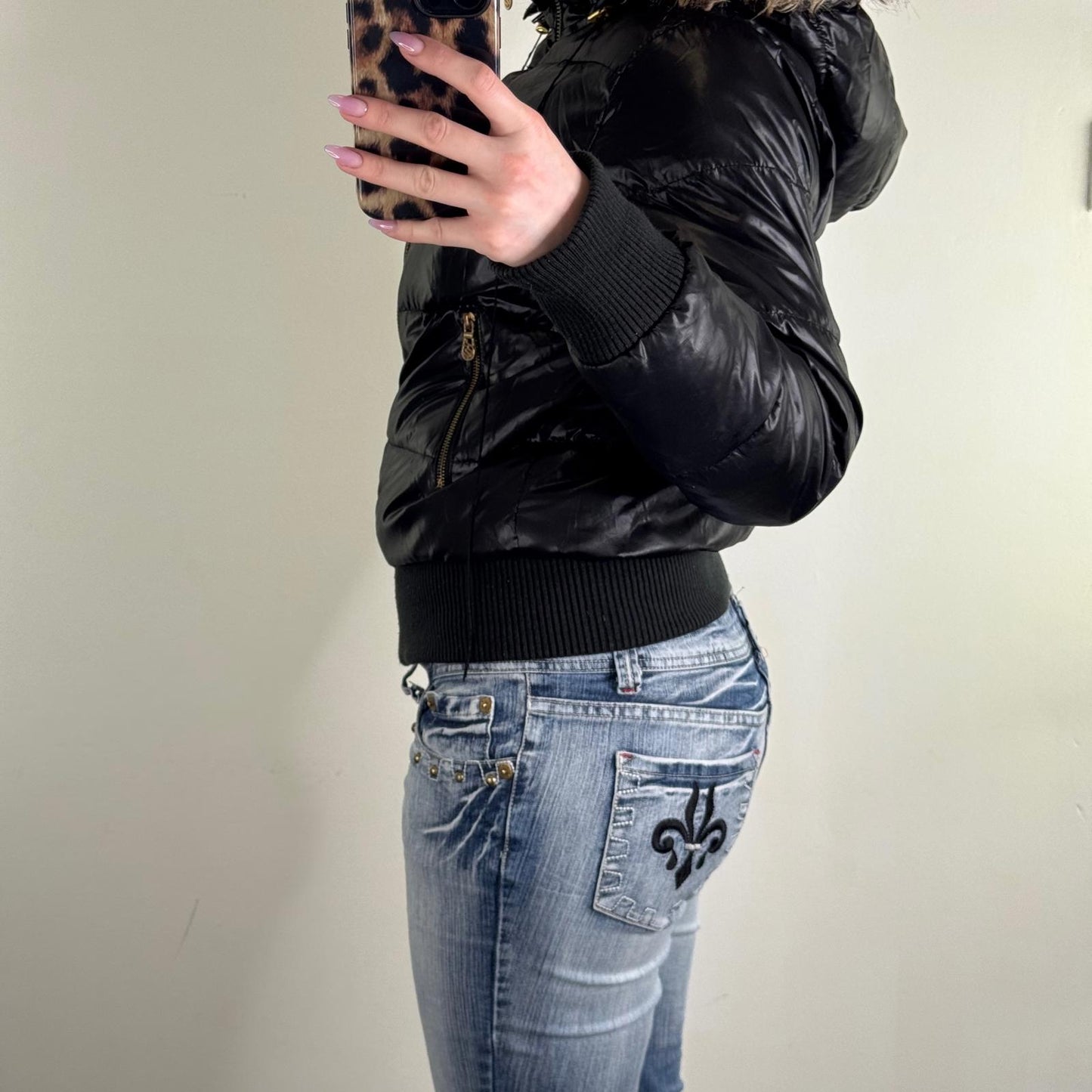 Y2K vintage Rocawear puffer bomber jacket with faux fur hood shiny zip up short