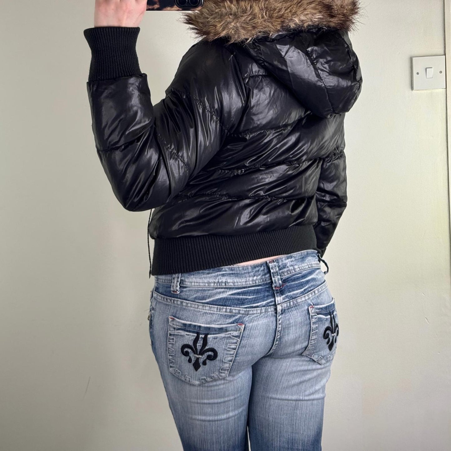 Y2K vintage Rocawear puffer bomber jacket with faux fur hood shiny zip up short