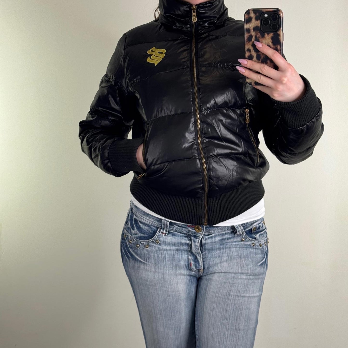 Y2K vintage Rocawear puffer bomber jacket with faux fur hood shiny zip up short