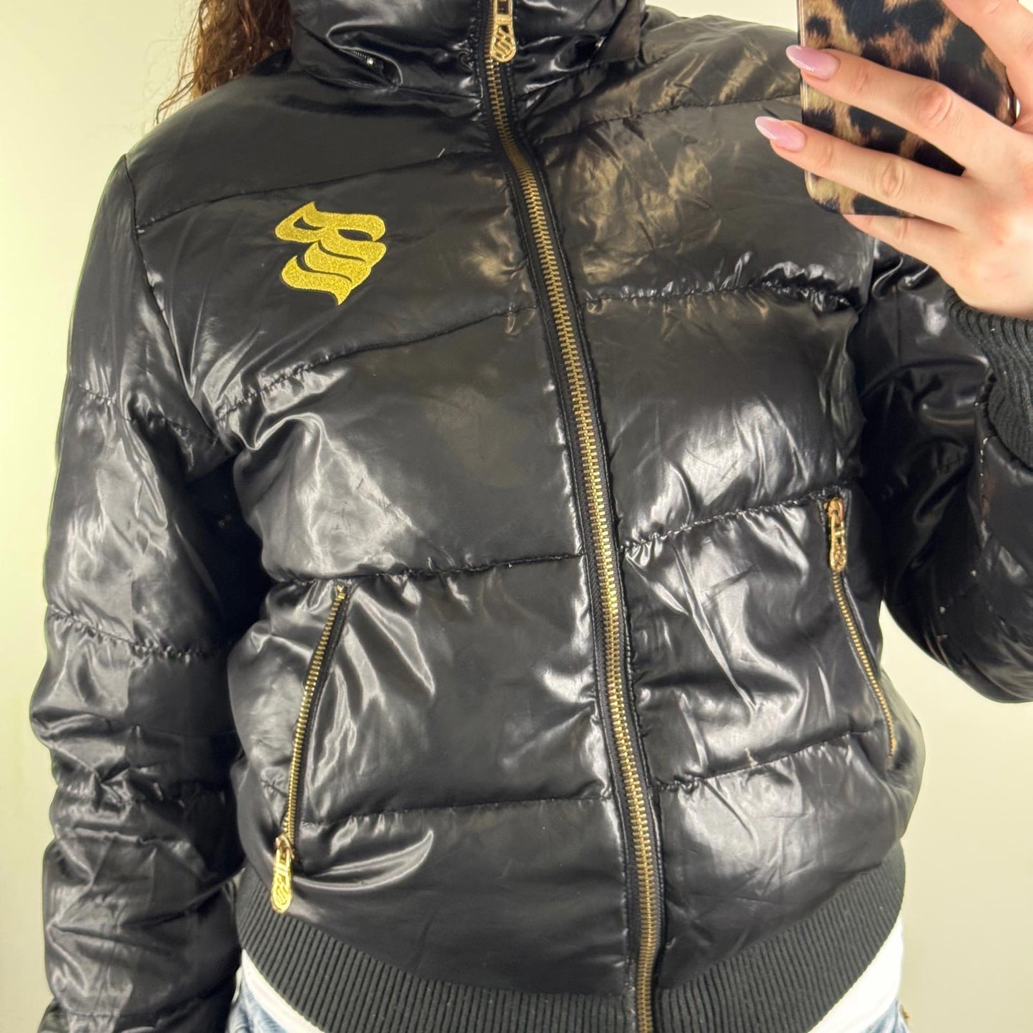 Y2K vintage Rocawear puffer bomber jacket with faux fur hood shiny zip up short