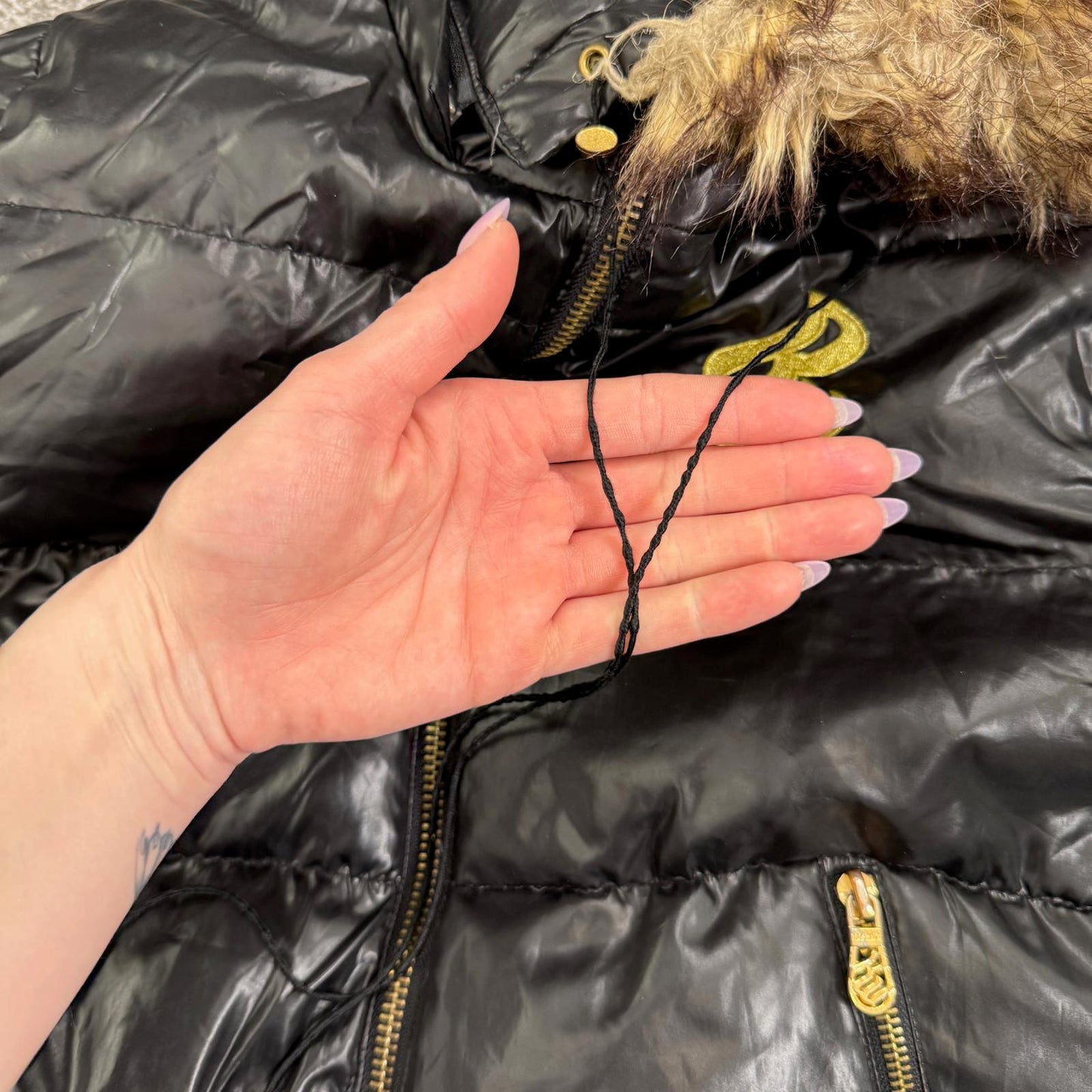 Y2K vintage Rocawear puffer bomber jacket with faux fur hood shiny zip up short