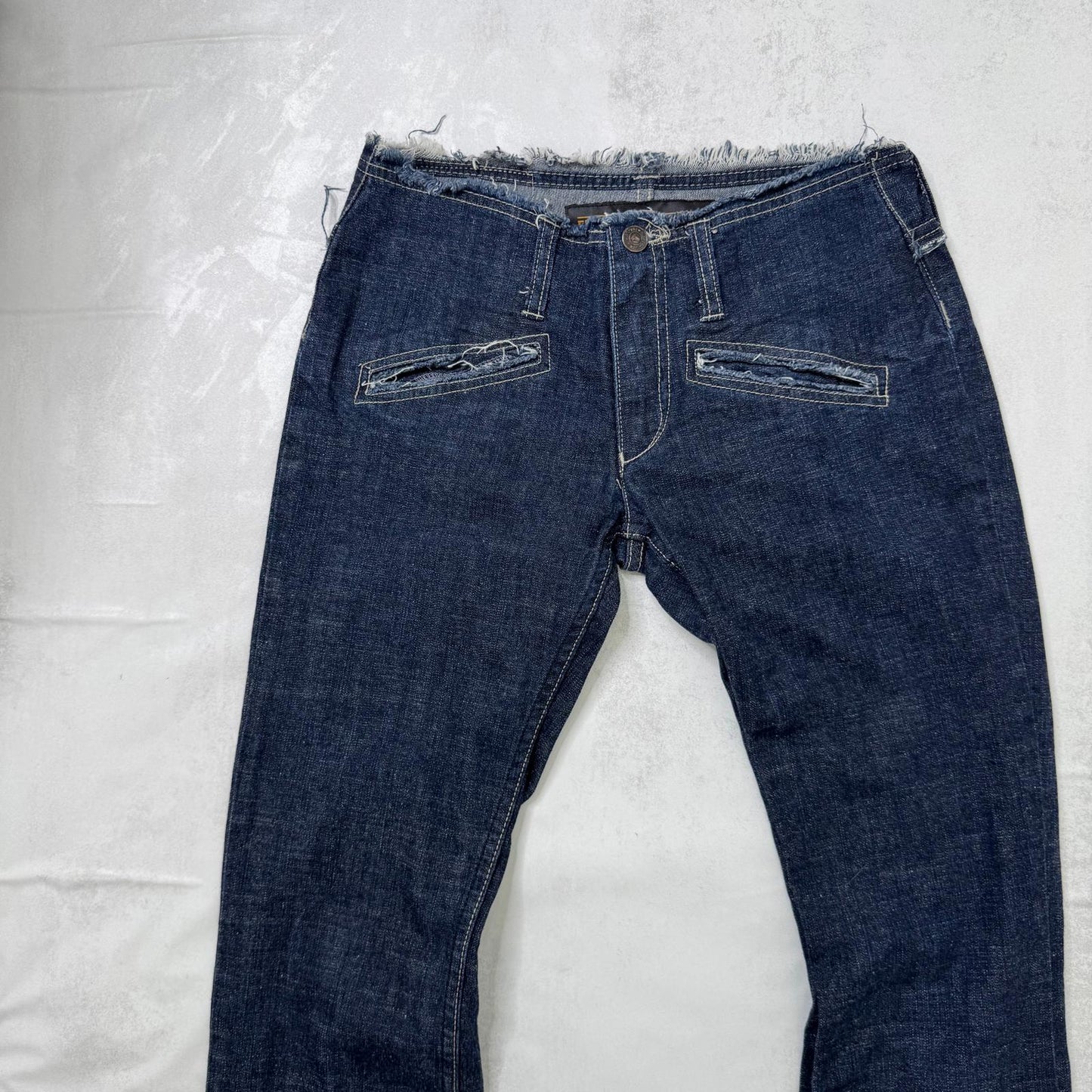 Y2K vintage low rise bootcut denim jeans zippers fraying hem dark blue wash