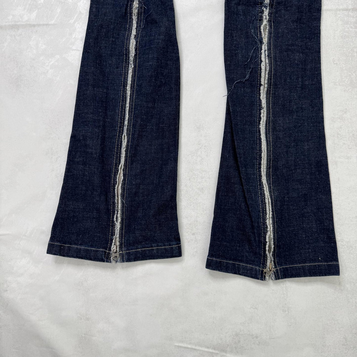 Y2K vintage low rise bootcut denim jeans zippers fraying hem dark blue wash
