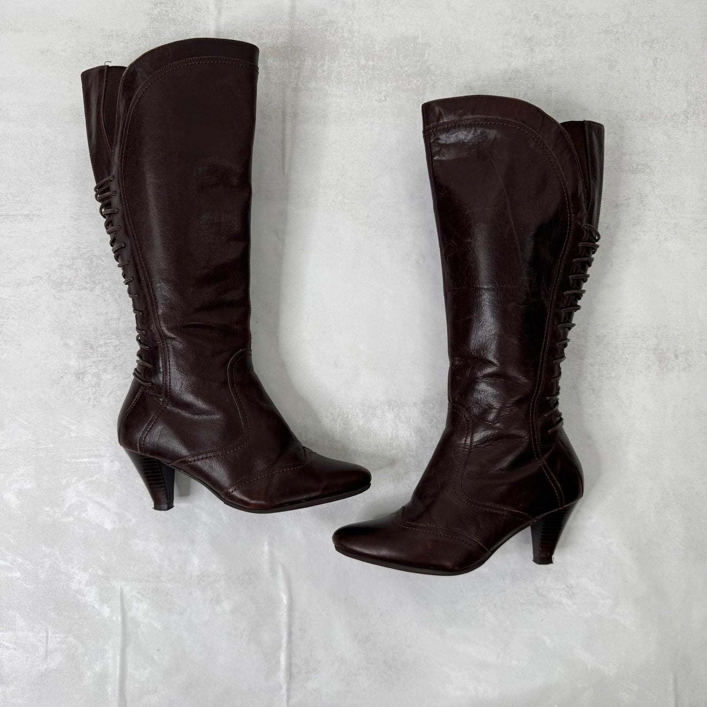 Y2K vintage genuine leather boots heeled lace up brown pirate tall