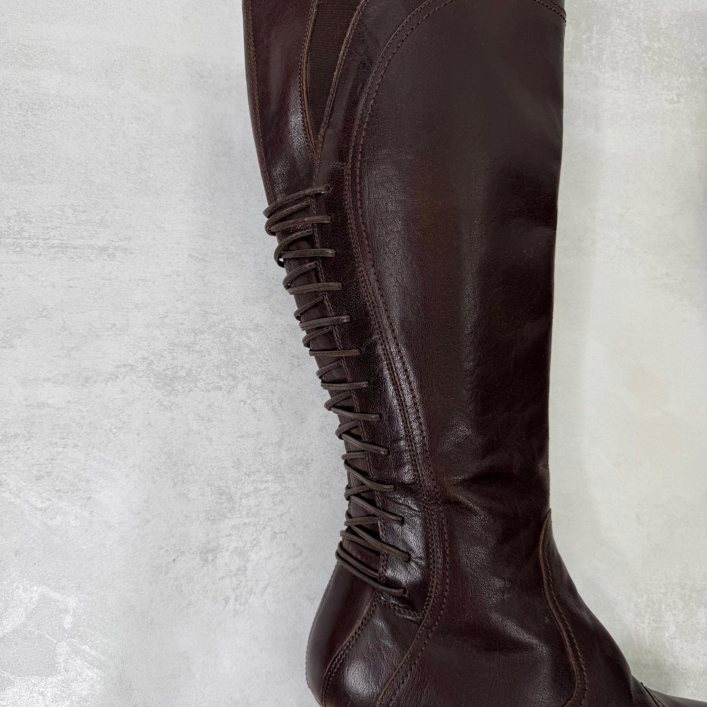 Y2K vintage genuine leather boots heeled lace up brown pirate tall