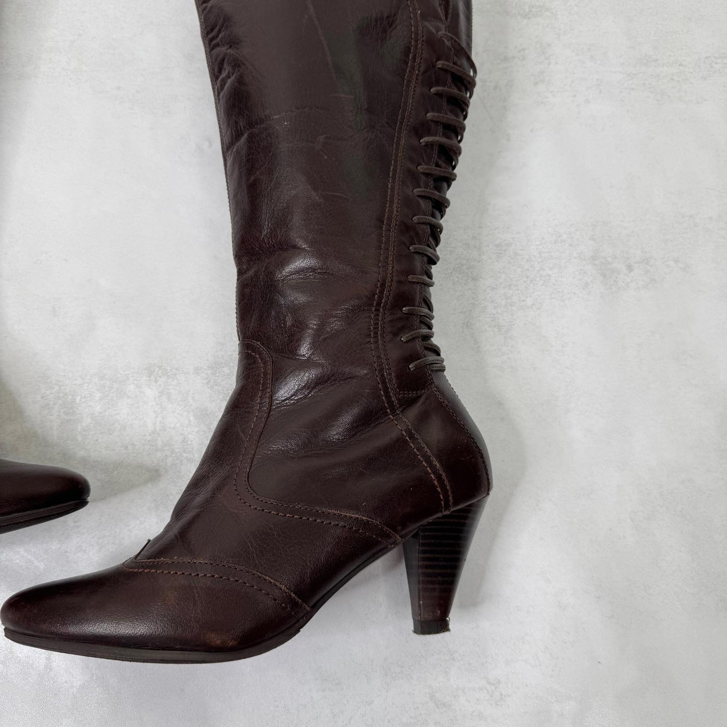 Y2K vintage genuine leather boots heeled lace up brown pirate tall