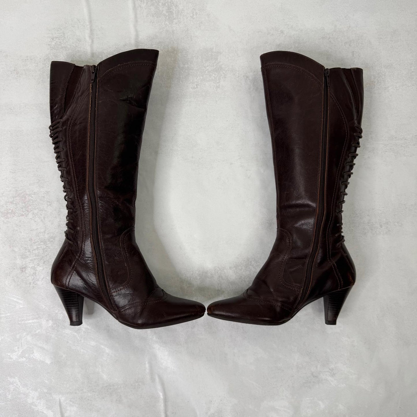 Y2K vintage genuine leather boots heeled lace up brown pirate tall