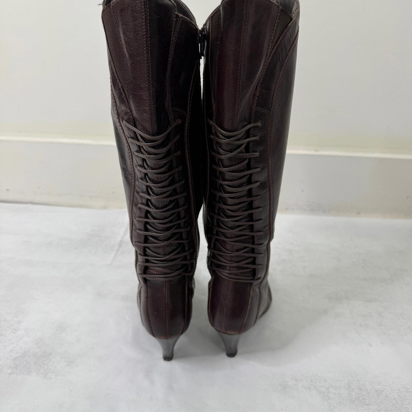 Y2K vintage genuine leather boots heeled lace up brown pirate tall