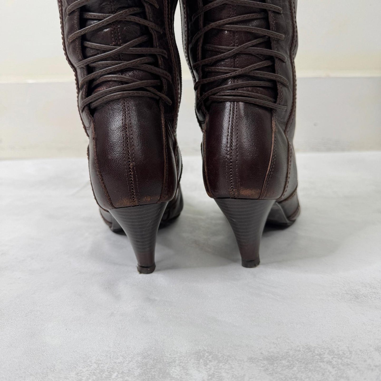 Y2K vintage genuine leather boots heeled lace up brown pirate tall