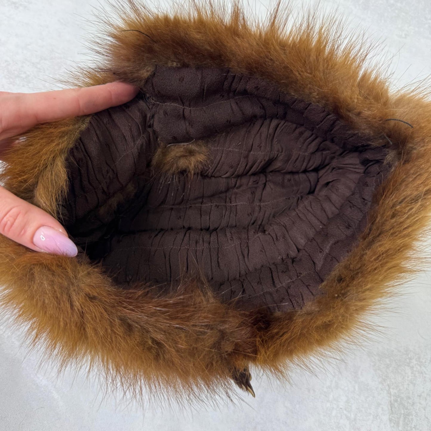 Vintage genuine fur hat with feet brown pillbox style