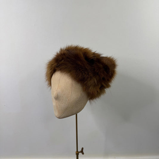 Vintage genuine fur hat with feet brown pillbox style