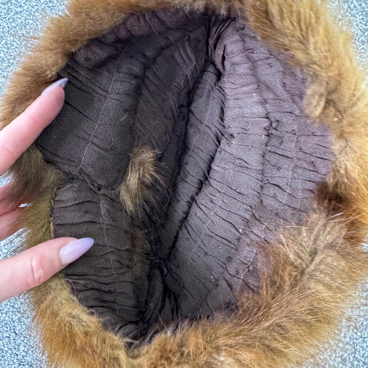 Vintage genuine fur hat with feet brown pillbox style
