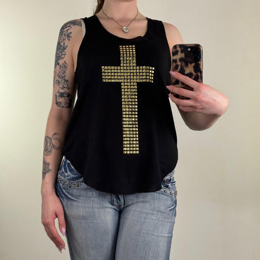 Vintage cross tank top studded gold black flowy sleeveless round neck 2010s