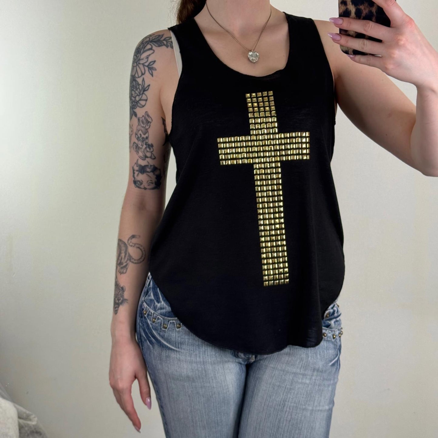 Vintage cross tank top studded gold black flowy sleeveless round neck 2010s
