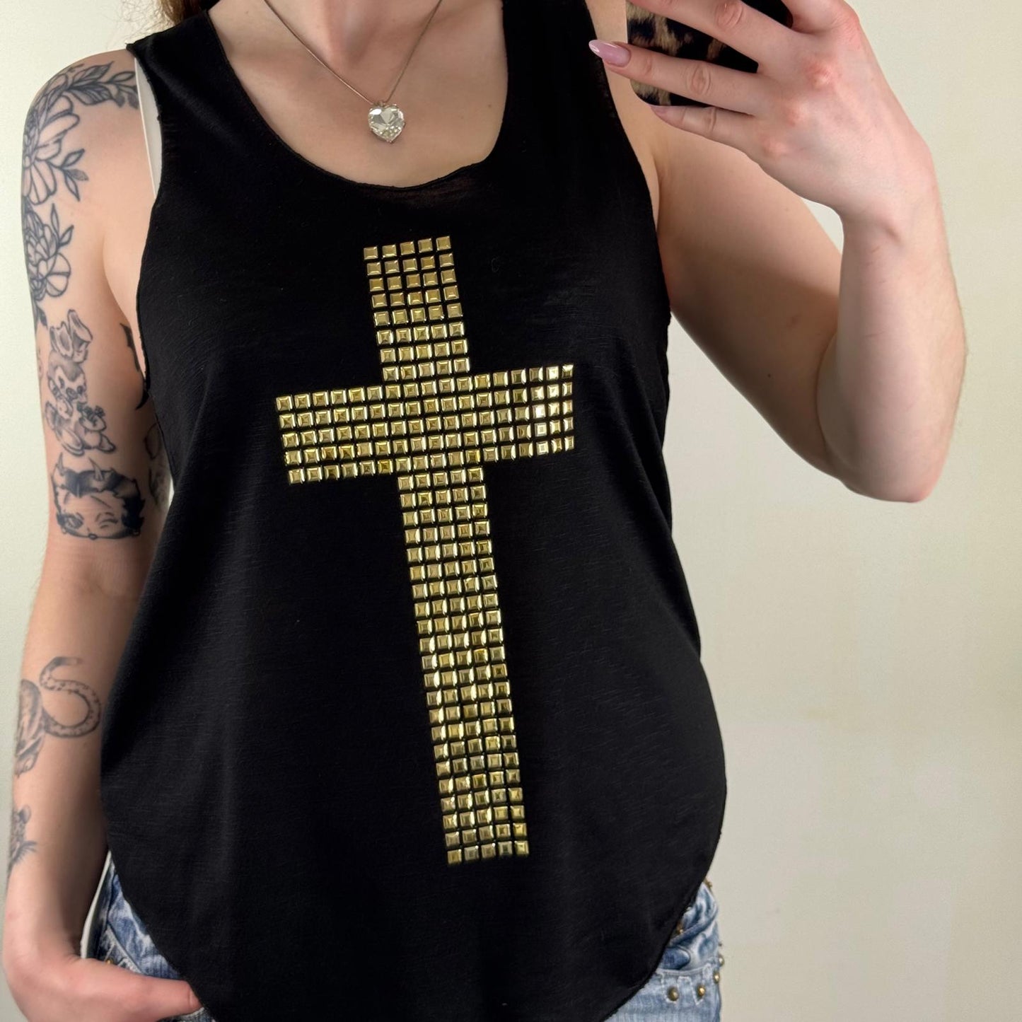 Vintage cross tank top studded gold black flowy sleeveless round neck 2010s