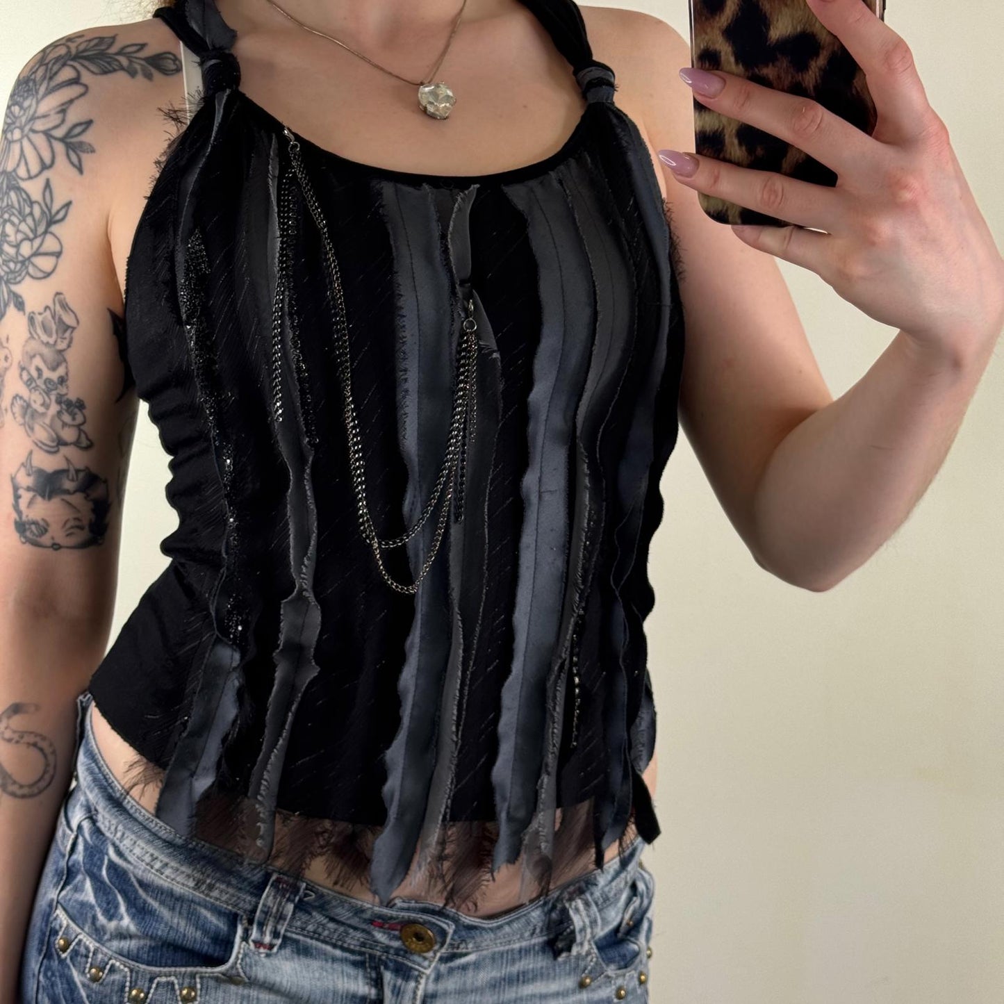 Y2K vintage tank top with chain ruffle racerback cropped fraying