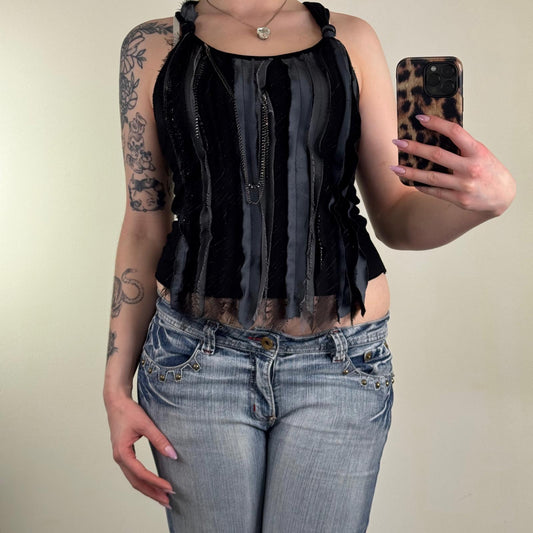 Y2K vintage tank top with chain ruffle racerback cropped fraying