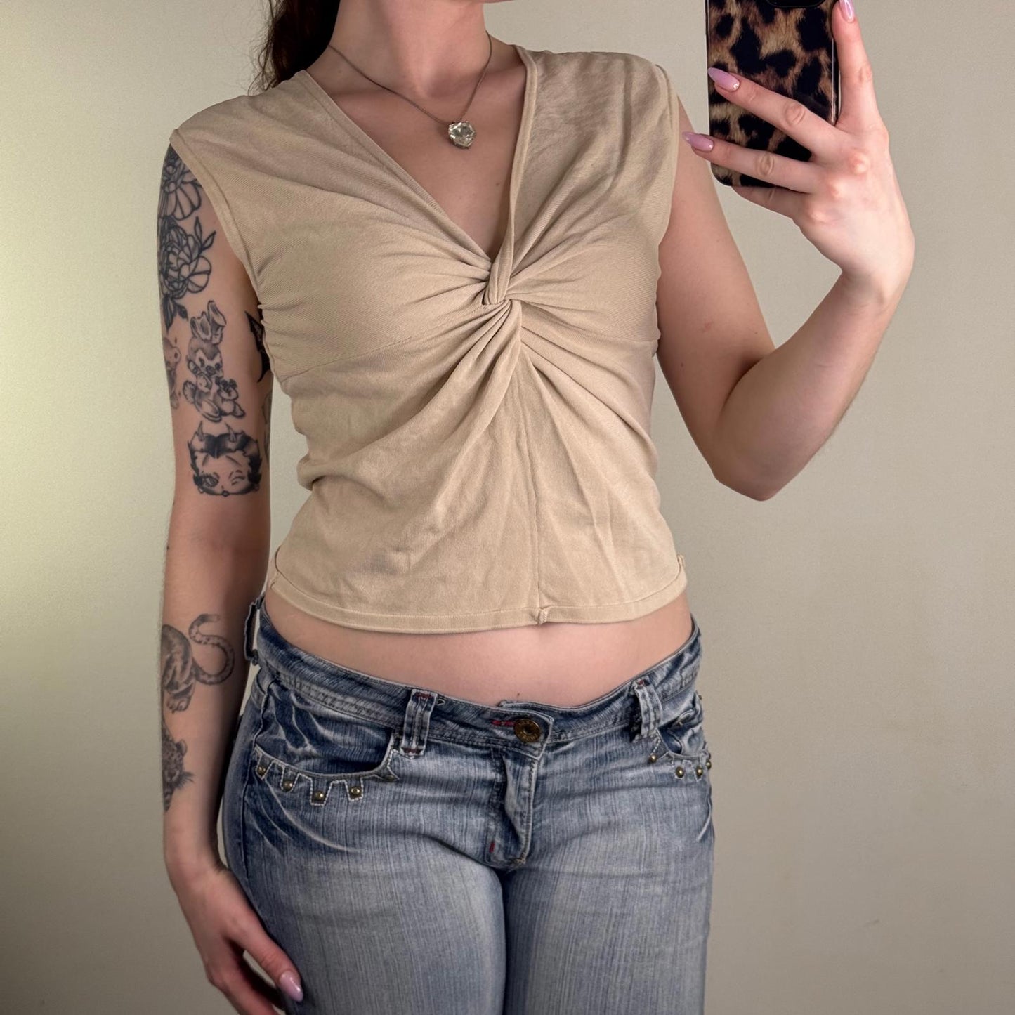 Y2K vintage tank top twist knot front v neck cropped fine knit sleeveless basic