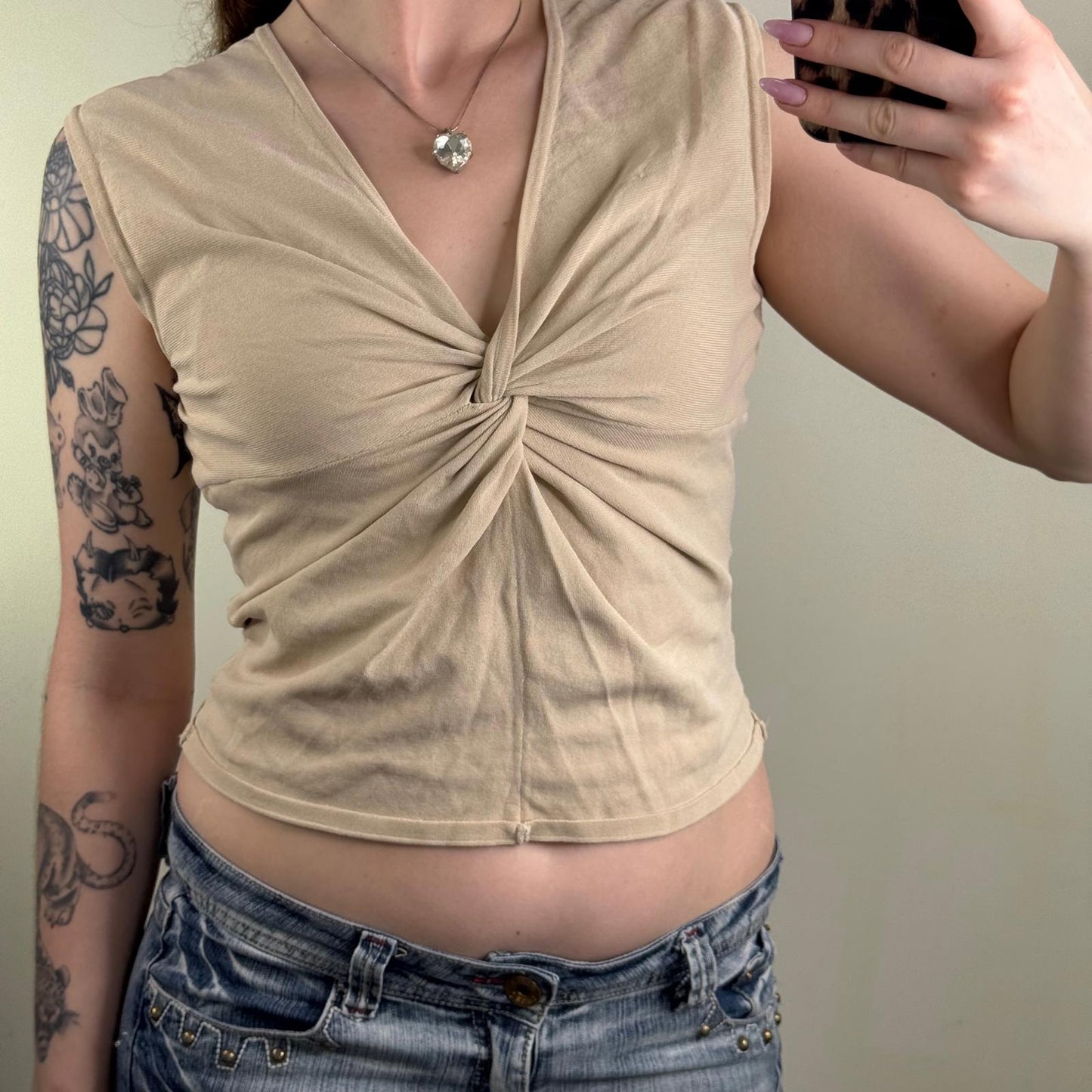 Y2K vintage tank top twist knot front v neck cropped fine knit sleeveless basic