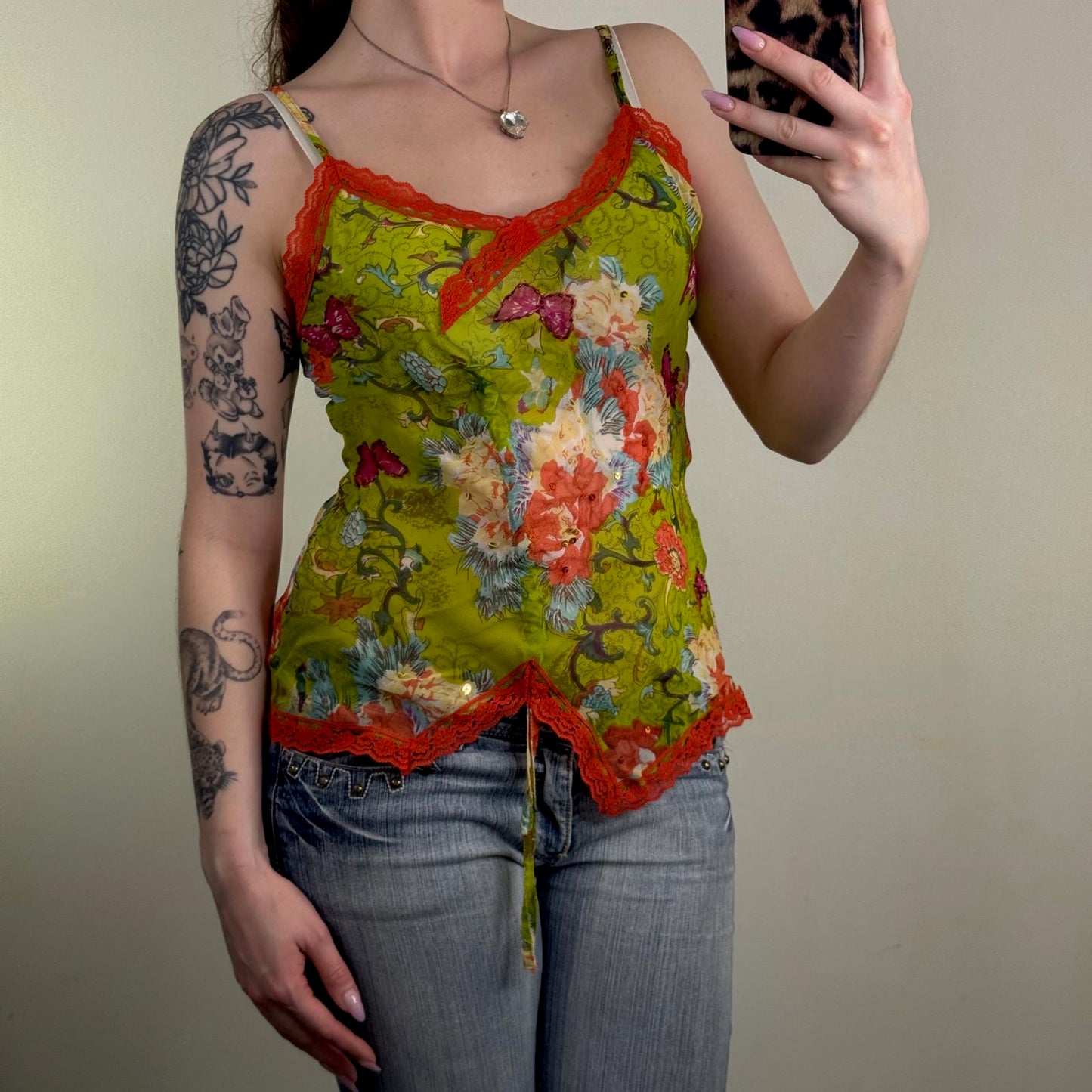Y2K vintage floral cami top butterfly lace trim ruched bow sequin strappy summer