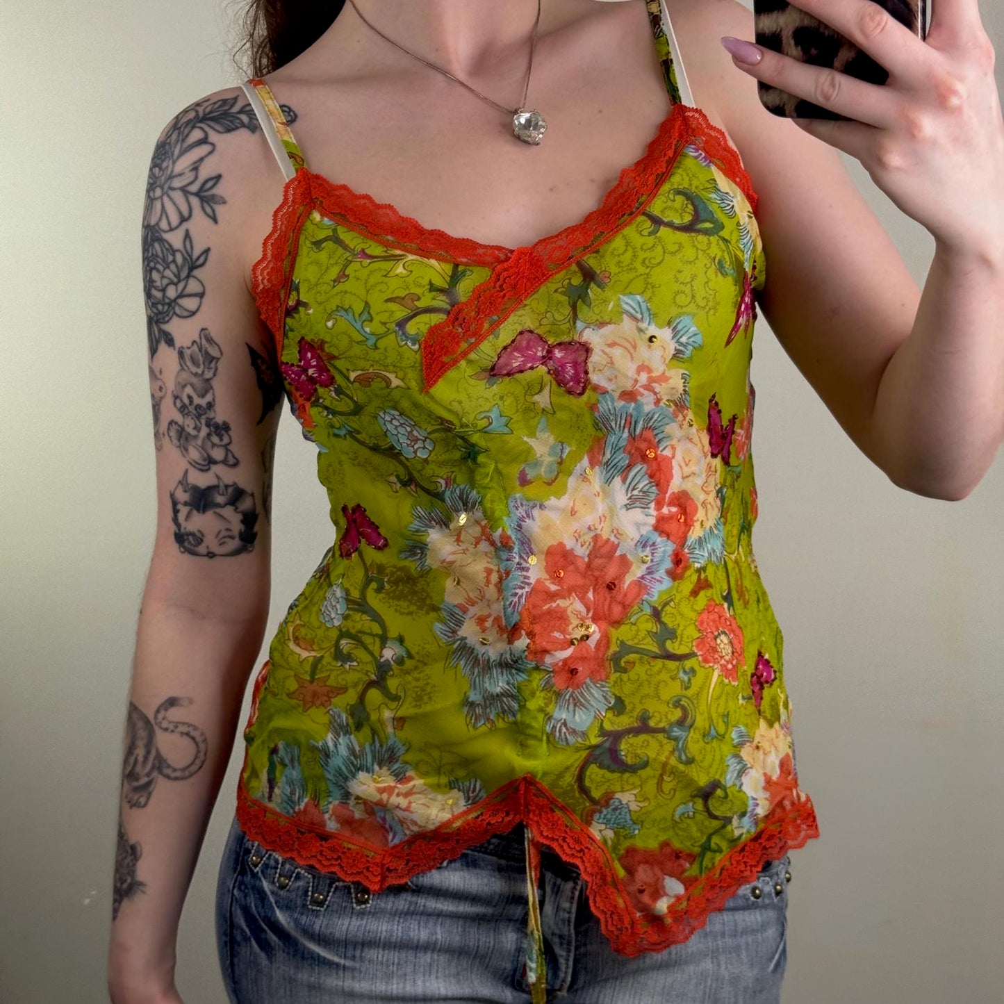 Y2K vintage floral cami top butterfly lace trim ruched bow sequin strappy summer