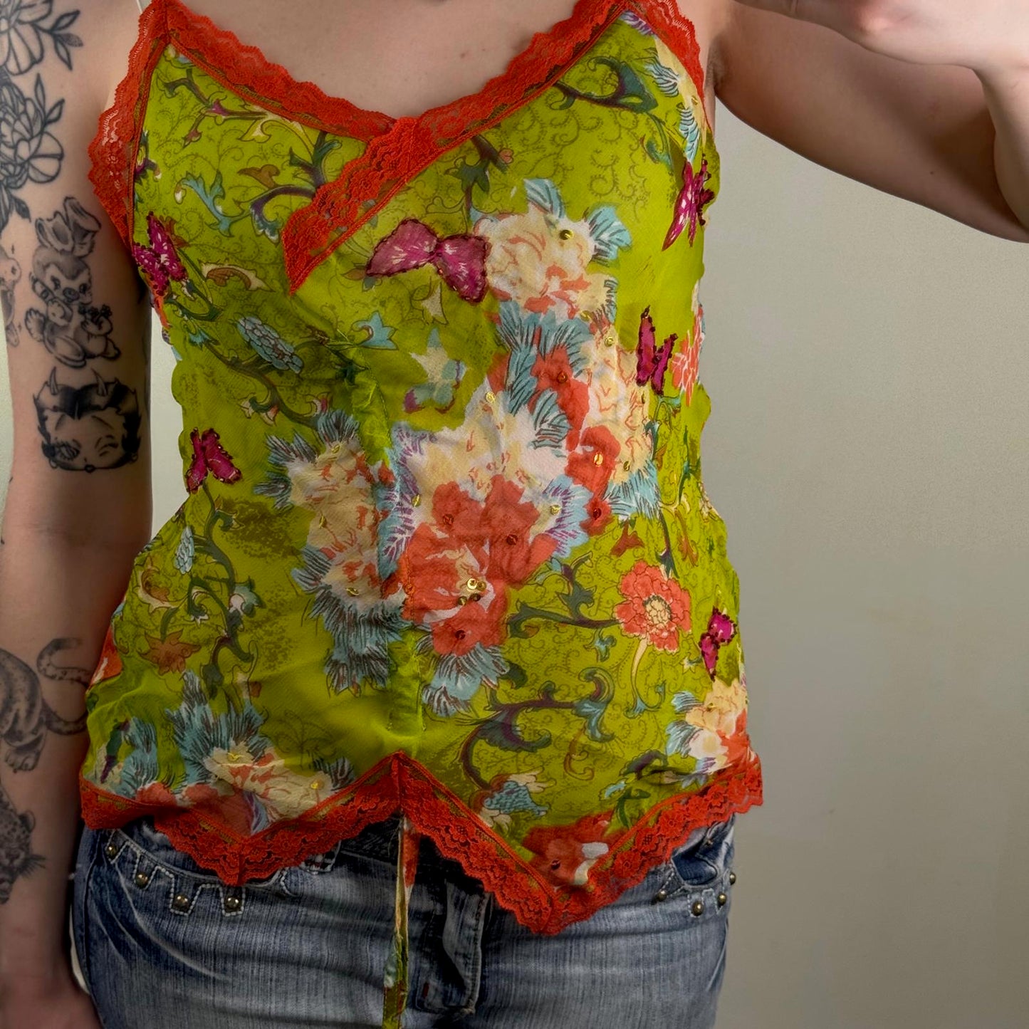 Y2K vintage floral cami top butterfly lace trim ruched bow sequin strappy summer