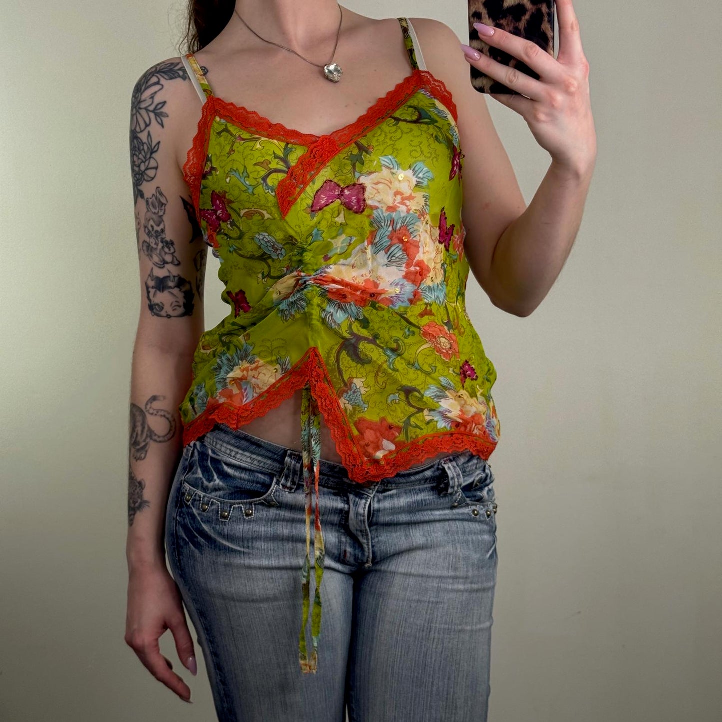 Y2K vintage floral cami top butterfly lace trim ruched bow sequin strappy summer