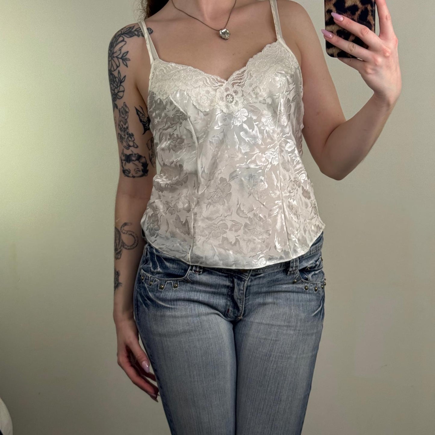 Y2K vintage floral cami top lace trim shiny strappy coquette