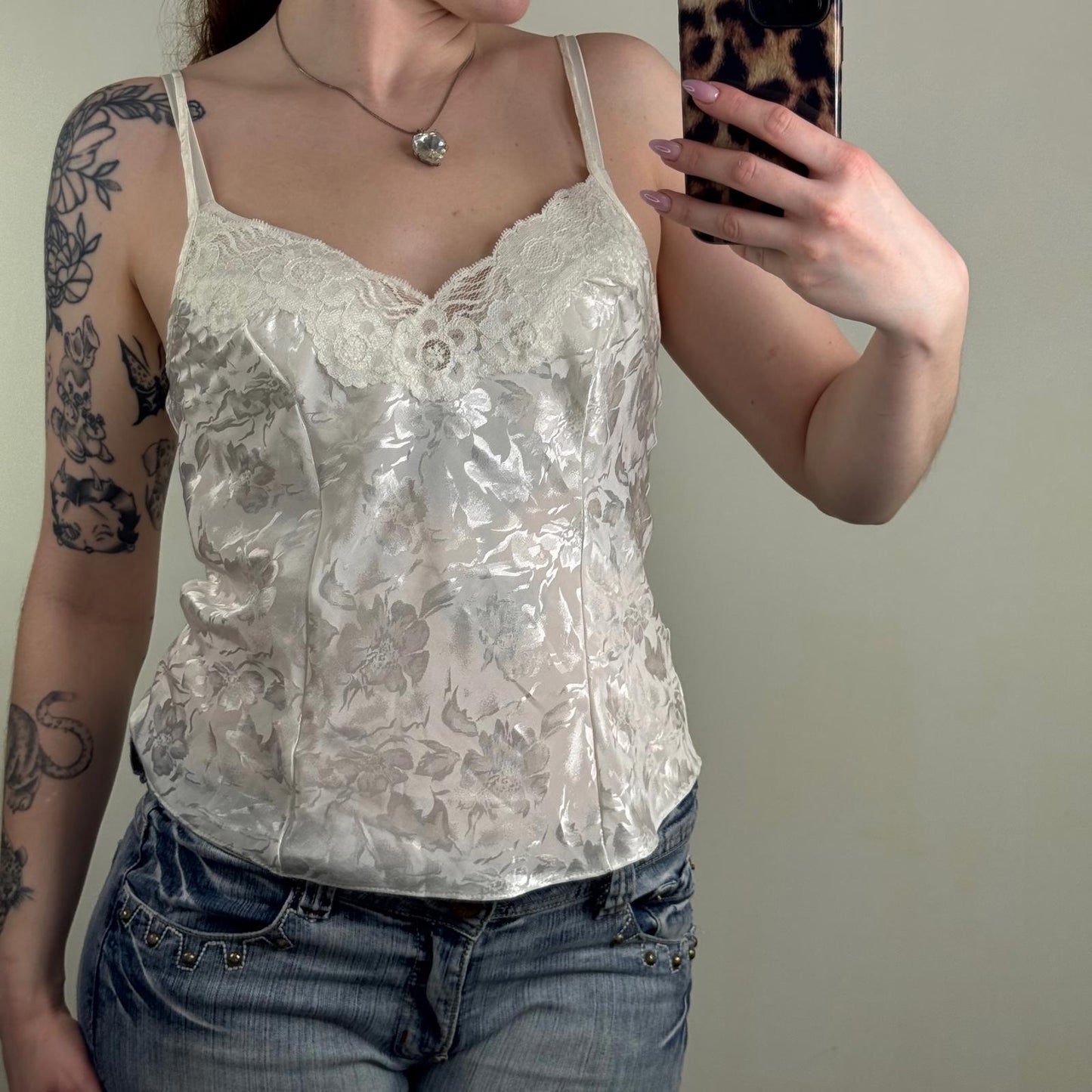 Y2K vintage floral cami top lace trim shiny strappy coquette