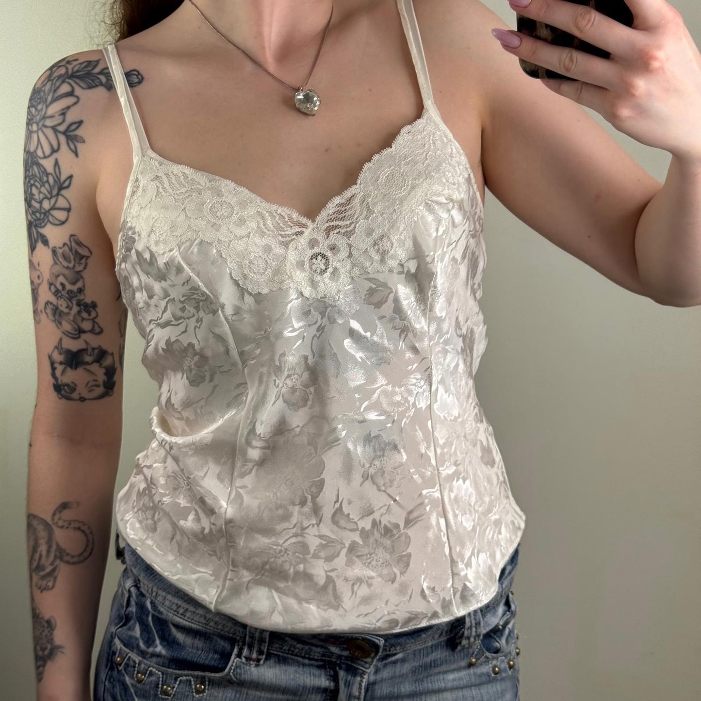 Y2K vintage floral cami top lace trim shiny strappy coquette
