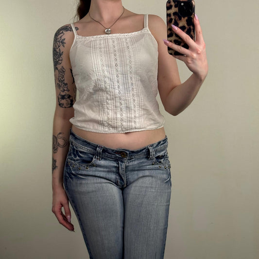 Y2K vintage cami top cropped straight neck strappy broderie anglaise coquette