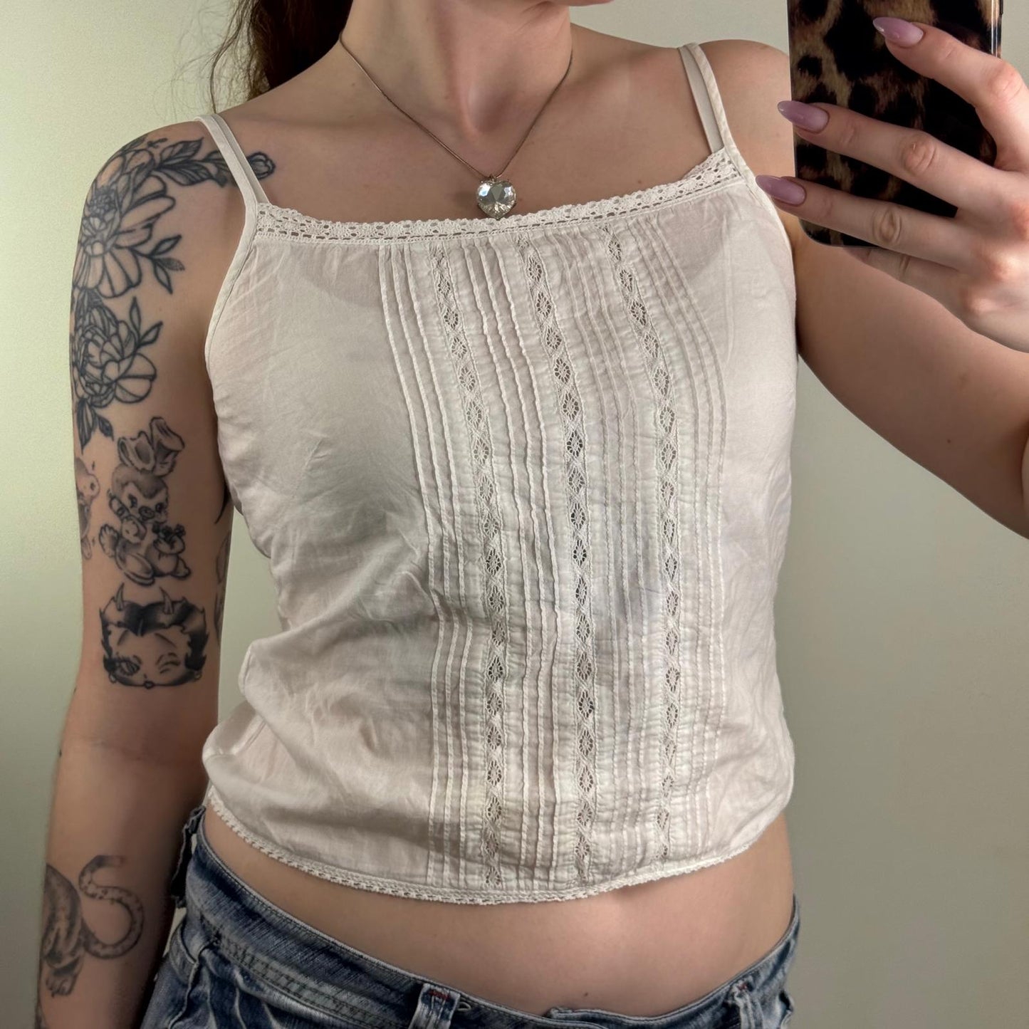 Y2K vintage cami top cropped straight neck strappy broderie anglaise coquette