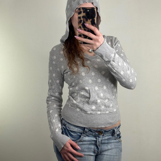 Y2K vintage polka dot hoodie lightweight fine knit v neck pocket grey white