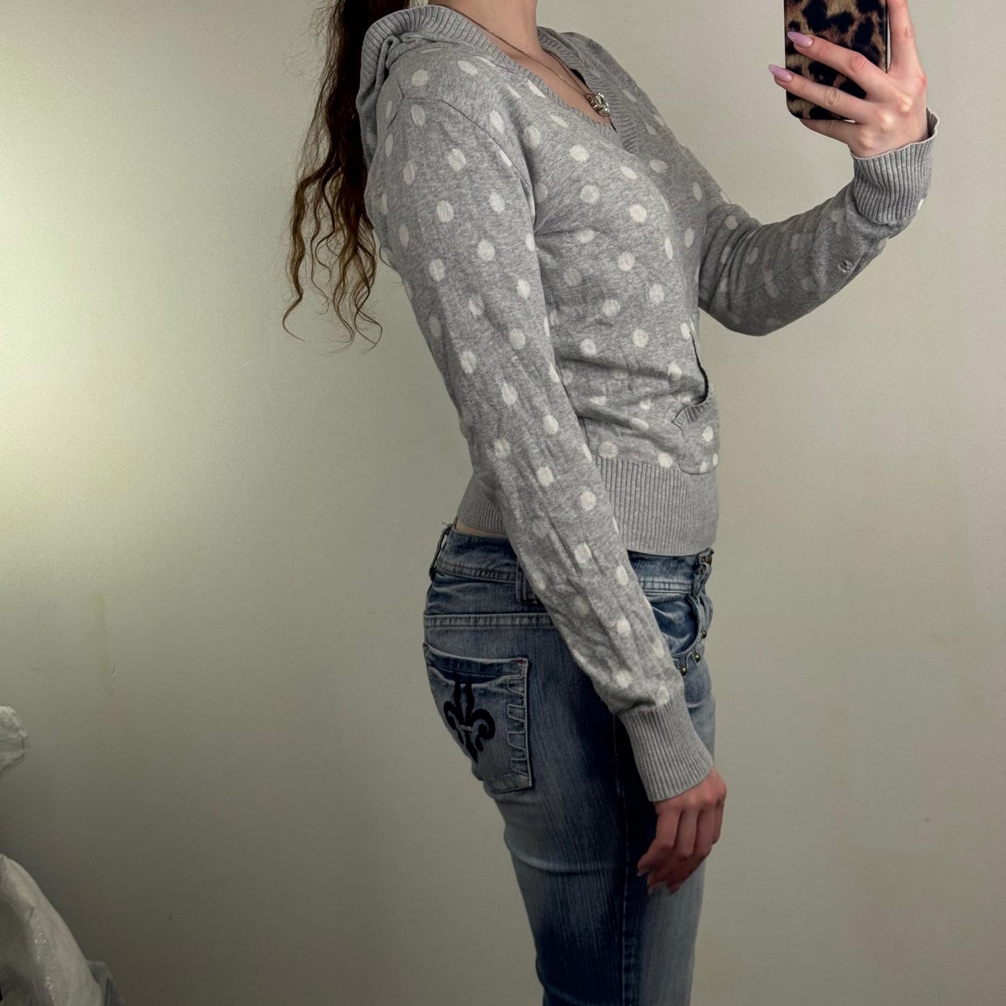 Y2K vintage polka dot hoodie lightweight fine knit v neck pocket grey white