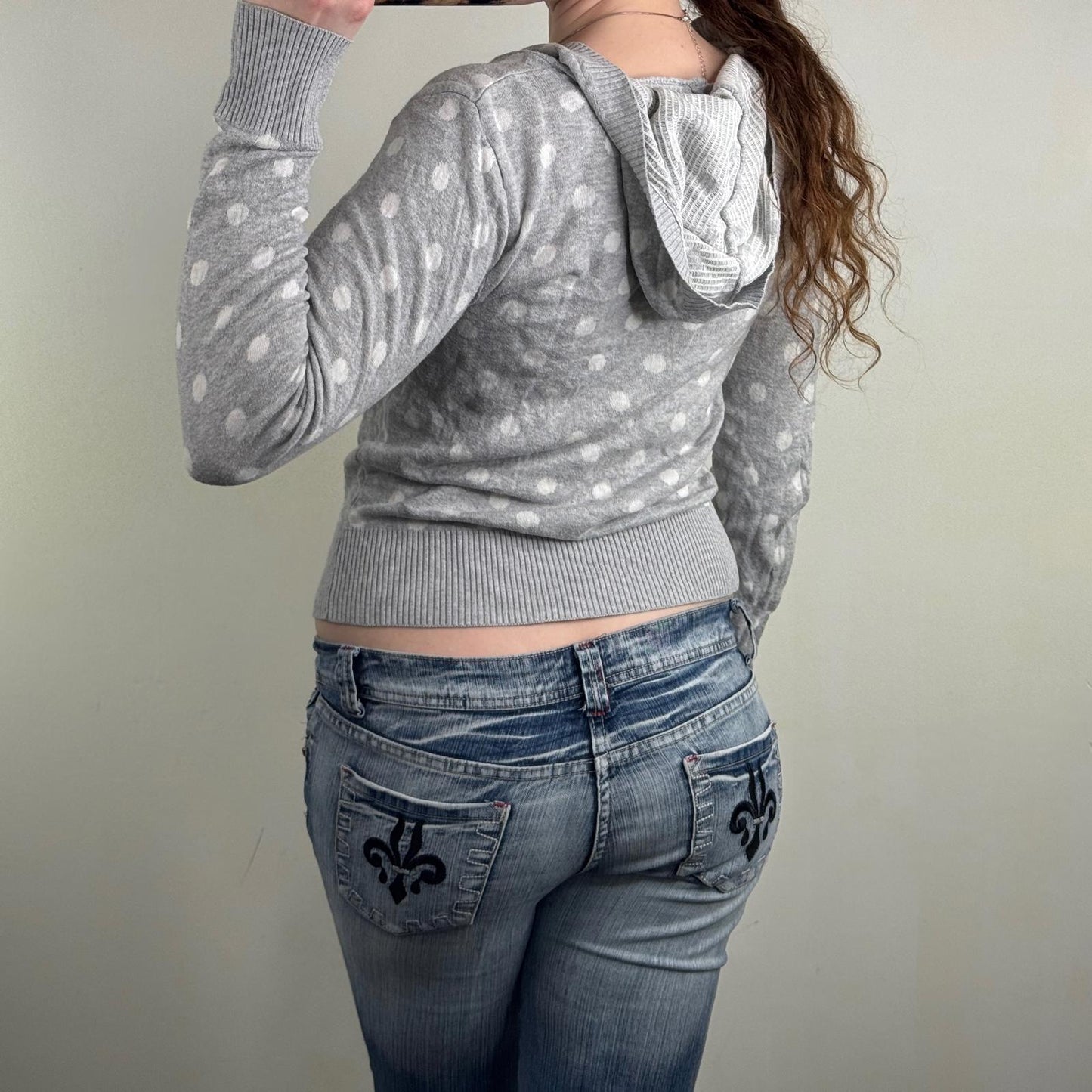Y2K vintage polka dot hoodie lightweight fine knit v neck pocket grey white