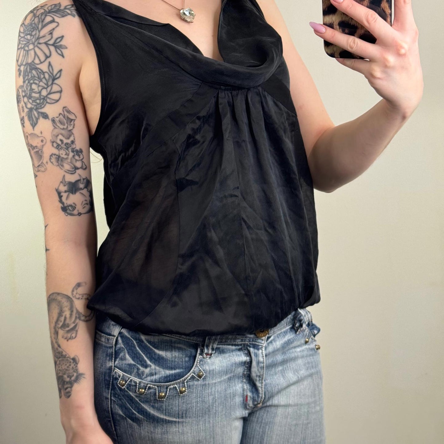 Y2K vintage DKNY 100% silk cami top peplum cowl neck strappy