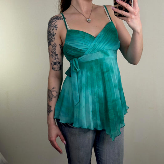 Y2K vintage pleated cami top bow v hem strappy bow tie dye turquoise summer