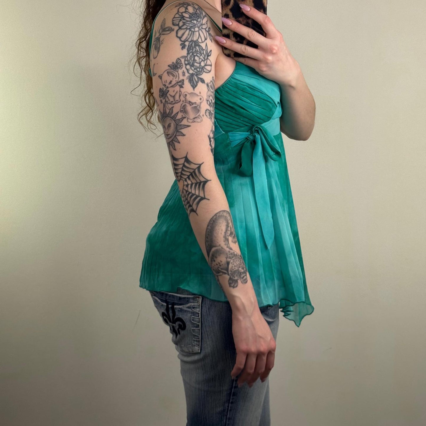 Y2K vintage pleated cami top bow v hem strappy bow tie dye turquoise summer