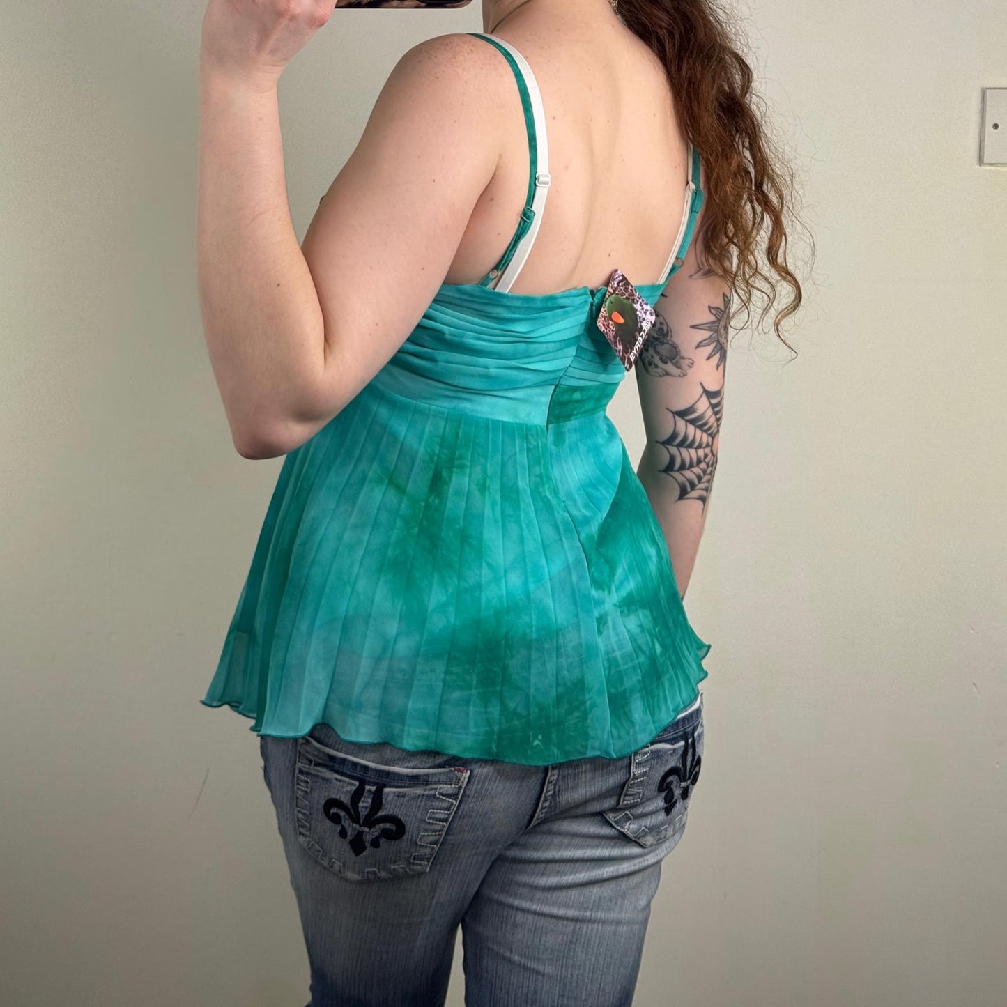 Y2K vintage pleated cami top bow v hem strappy bow tie dye turquoise summer