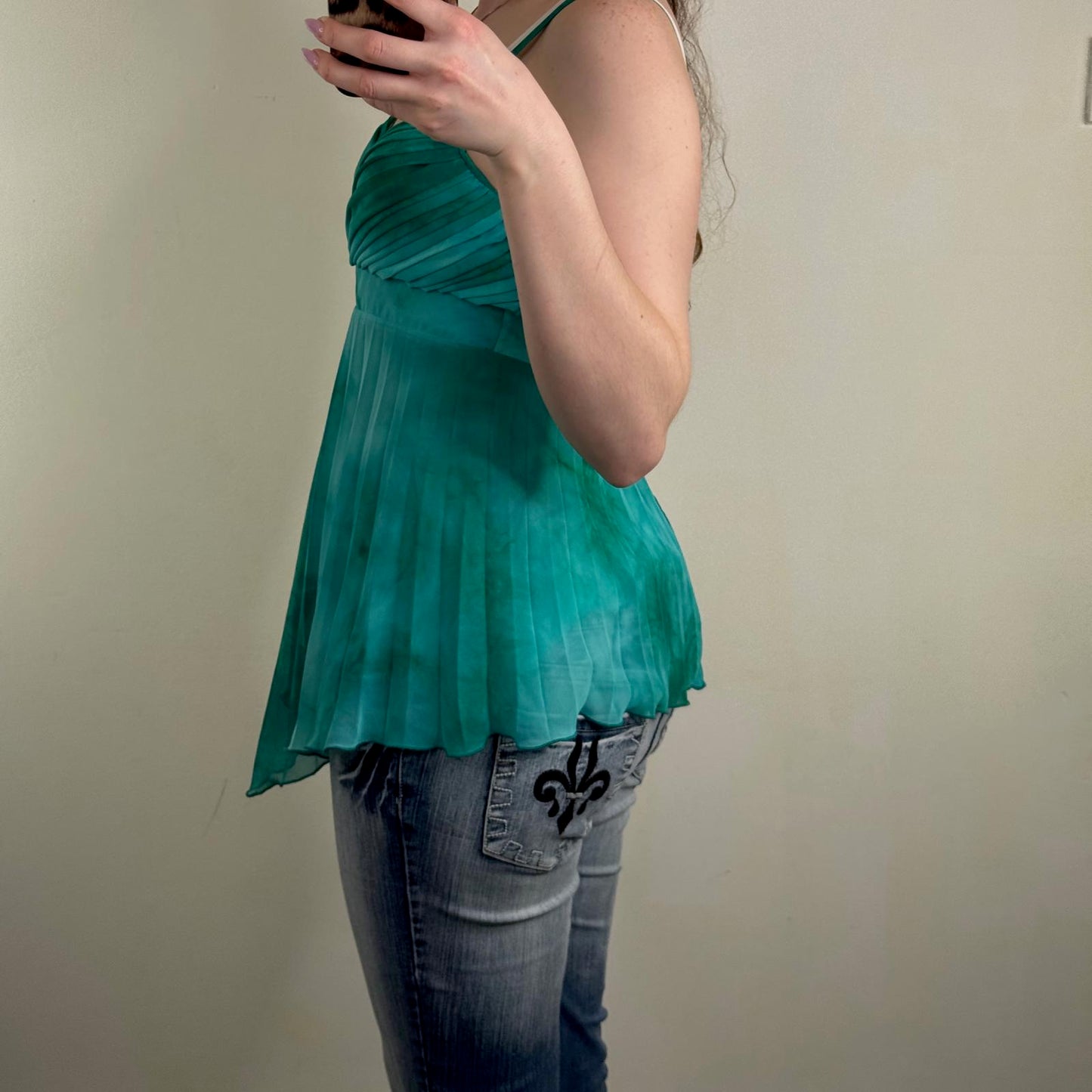 Y2K vintage pleated cami top bow v hem strappy bow tie dye turquoise summer