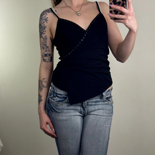 Y2K vintage cami top beaded asymmetrical v neck strappy stretchy adjustable bow