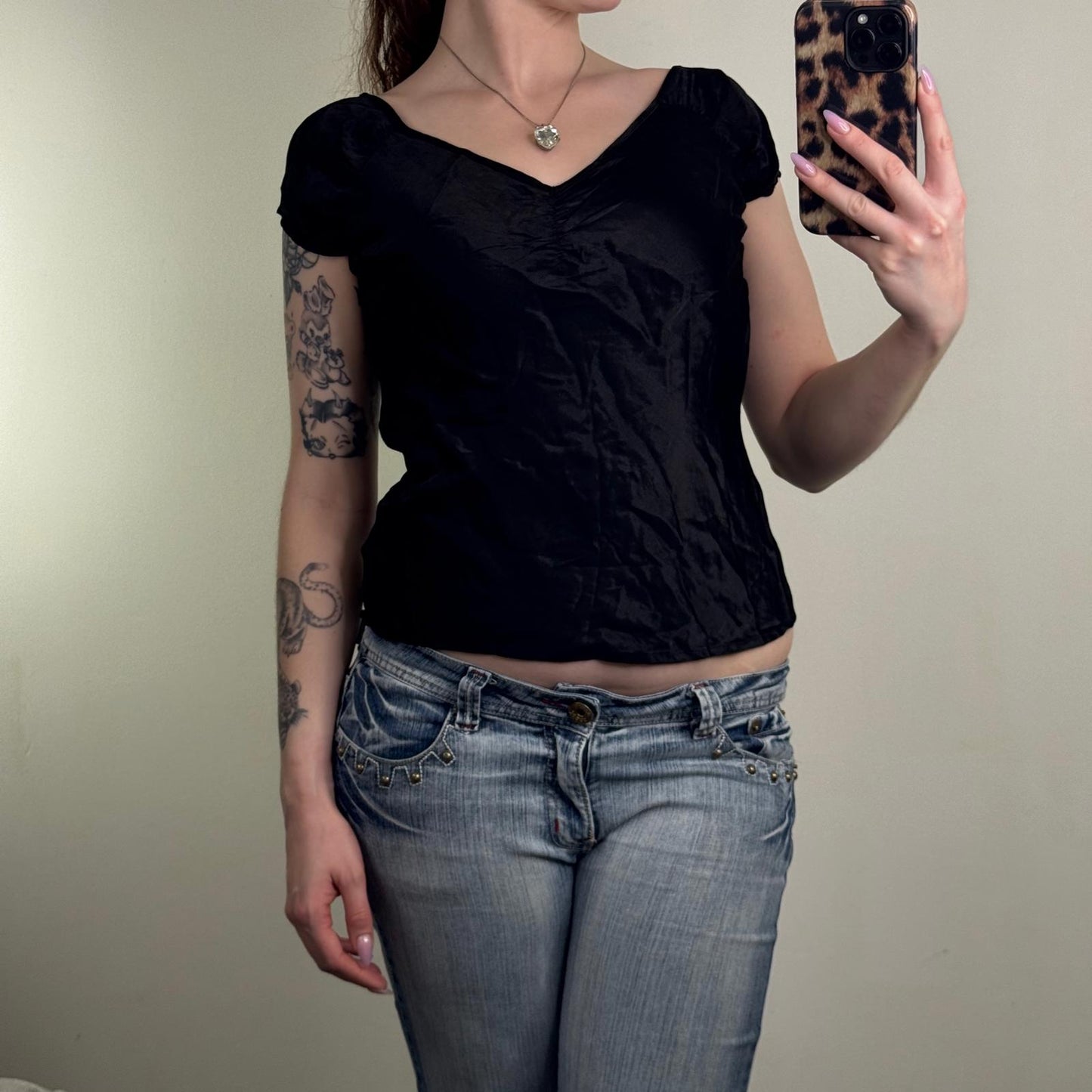 Y2K vintage satin short sleeve top v neck scoop back plain basic staple black