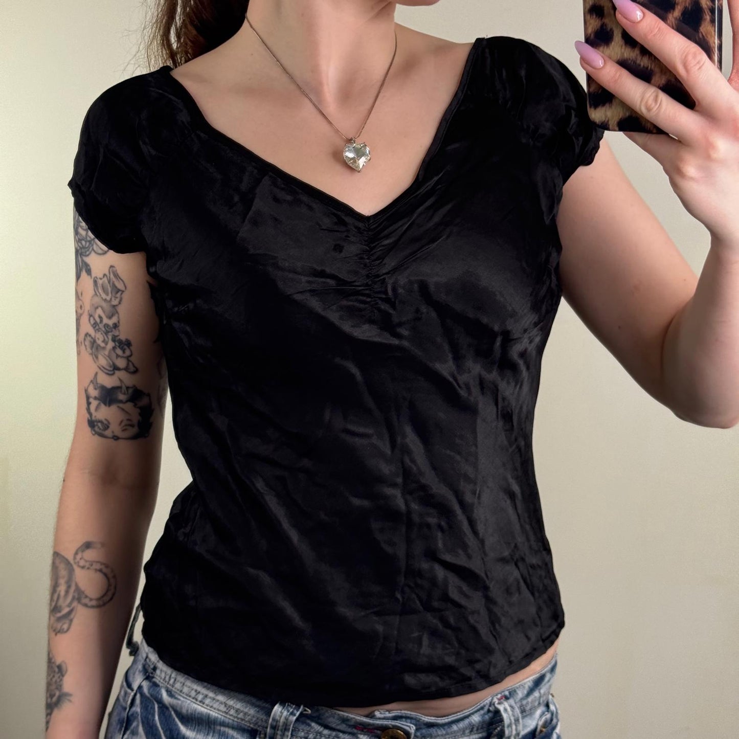 Y2K vintage satin short sleeve top v neck scoop back plain basic staple black