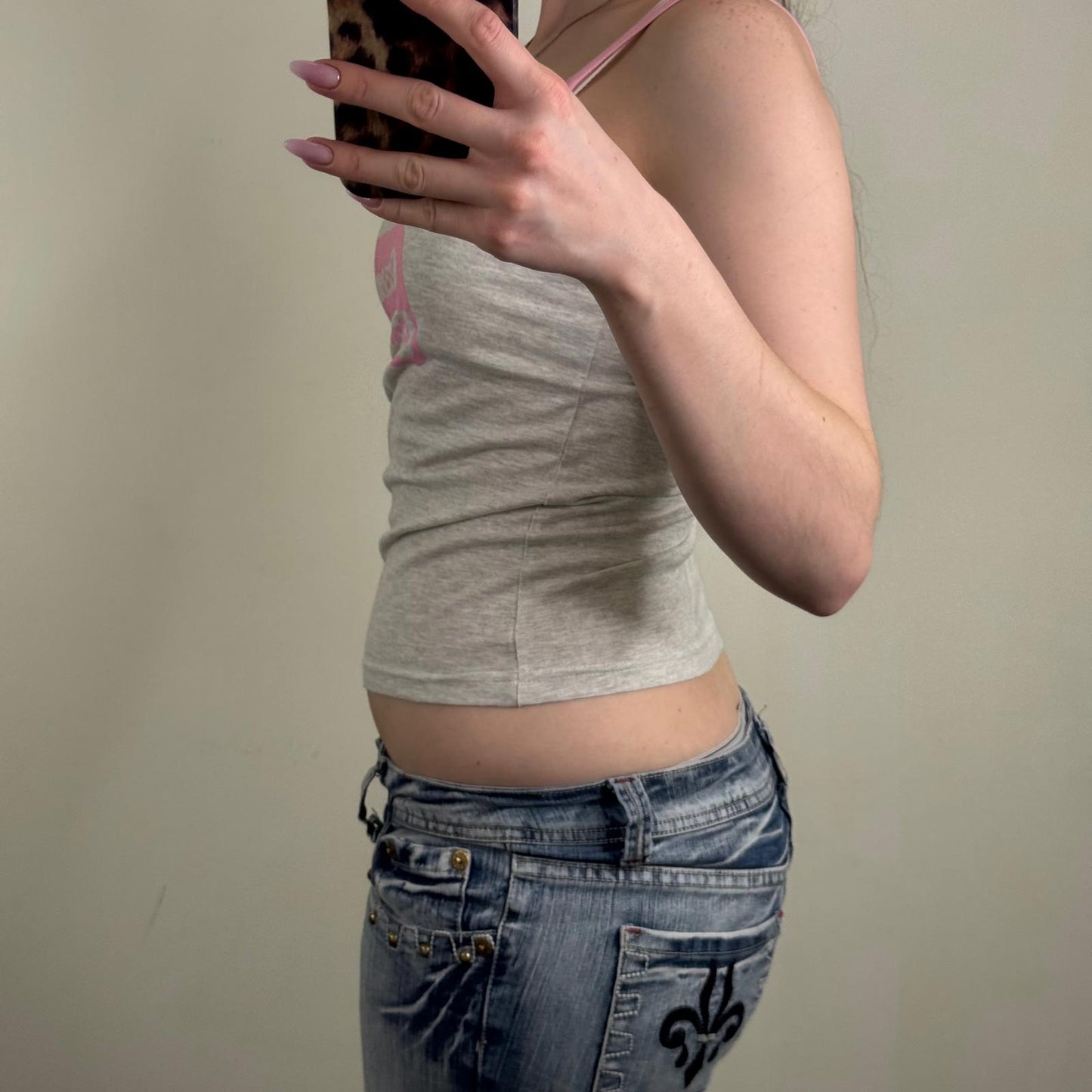 Y2K vintage cami top cream crackered slogan grey pink strappy fitted stretchy